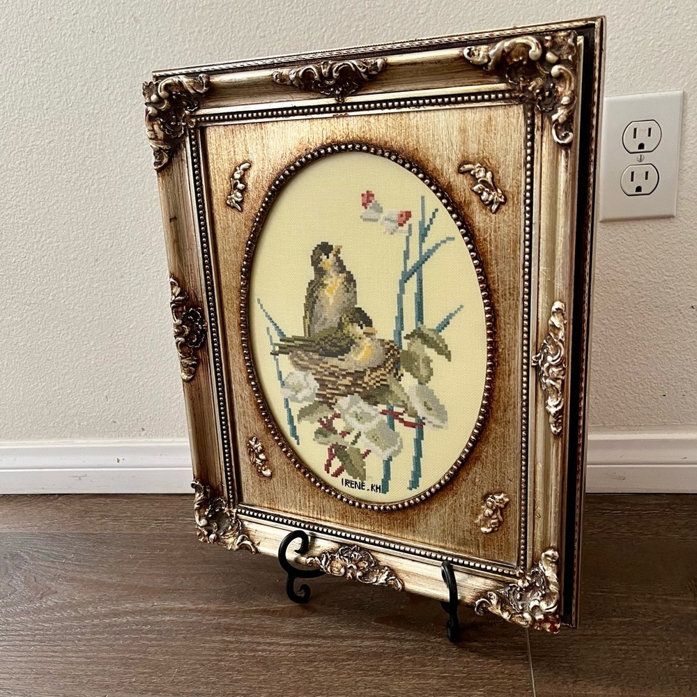 1977 Elegant Gold Framed Bird Embroidery Art 14/18 inch